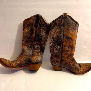 Circle G  Corral Cowgirl Dragonfly Embroidered Brown Leather Western Boots 9.5